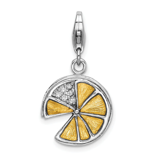 Sterling Silver Amore La Vita Rhodium-Plated Polished 3-D Yellow Enameled Lemon Slice Charm With Fancy Lobster Clasp