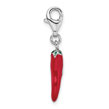 Sterling Silver Amore La Vita Rhodium-Plated Polished 3-D Red Enameled Pepper Charm With Fancy Lobster Clasp