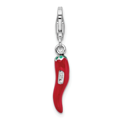 Sterling Silver Amore La Vita Rhodium-Plated Polished 3-D Red Enameled Pepper Charm With Fancy Lobster Clasp