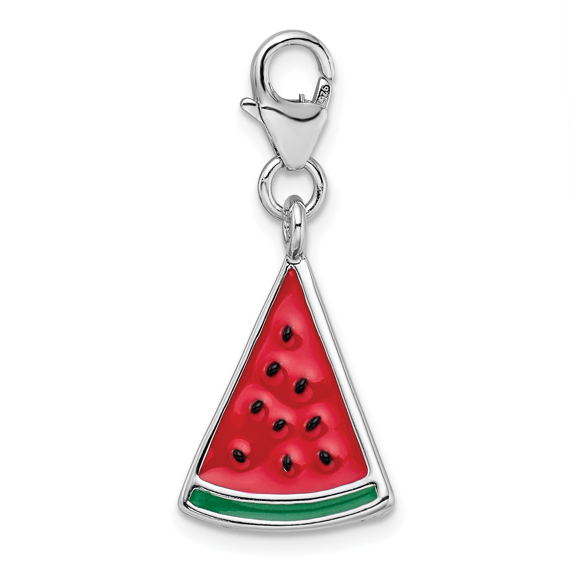 Sterling Silver Amore La Vita Rhodium-Plated Polished 3-D Enameled Watermelon Wedge Charm With Fancy Lobster Clasp