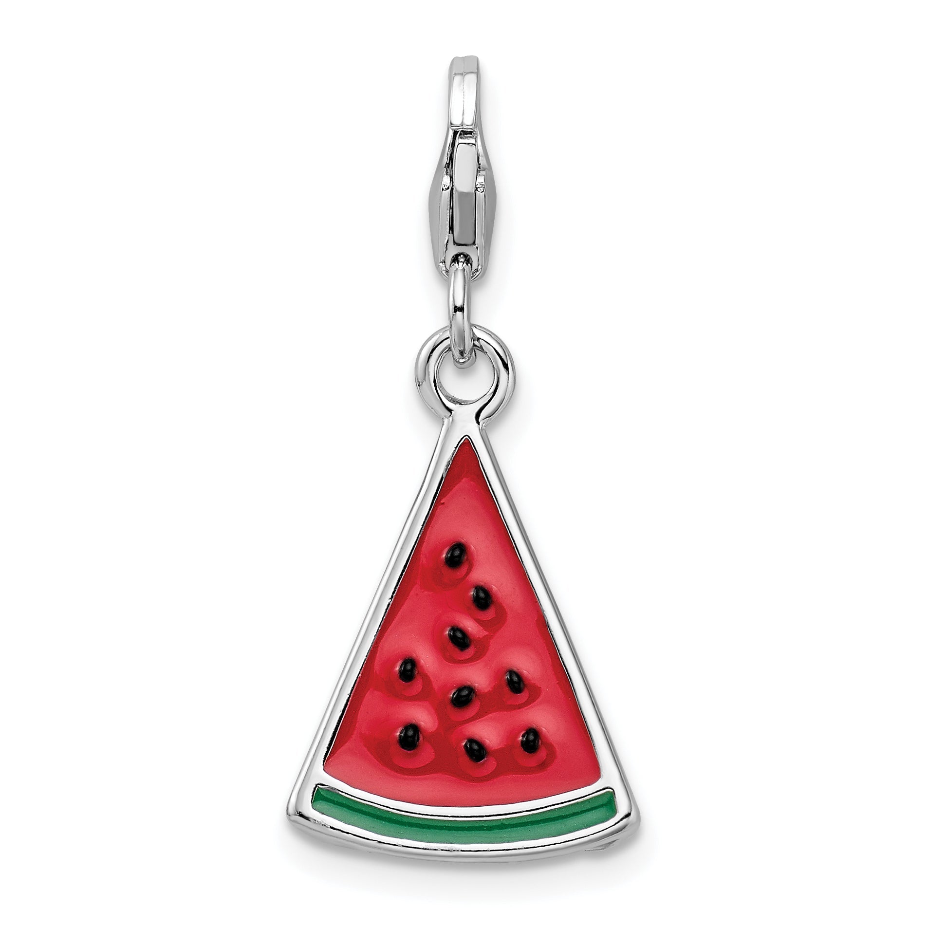 Sterling Silver Amore La Vita Rhodium-Plated Polished 3-D Enameled Watermelon Wedge Charm With Fancy Lobster Clasp