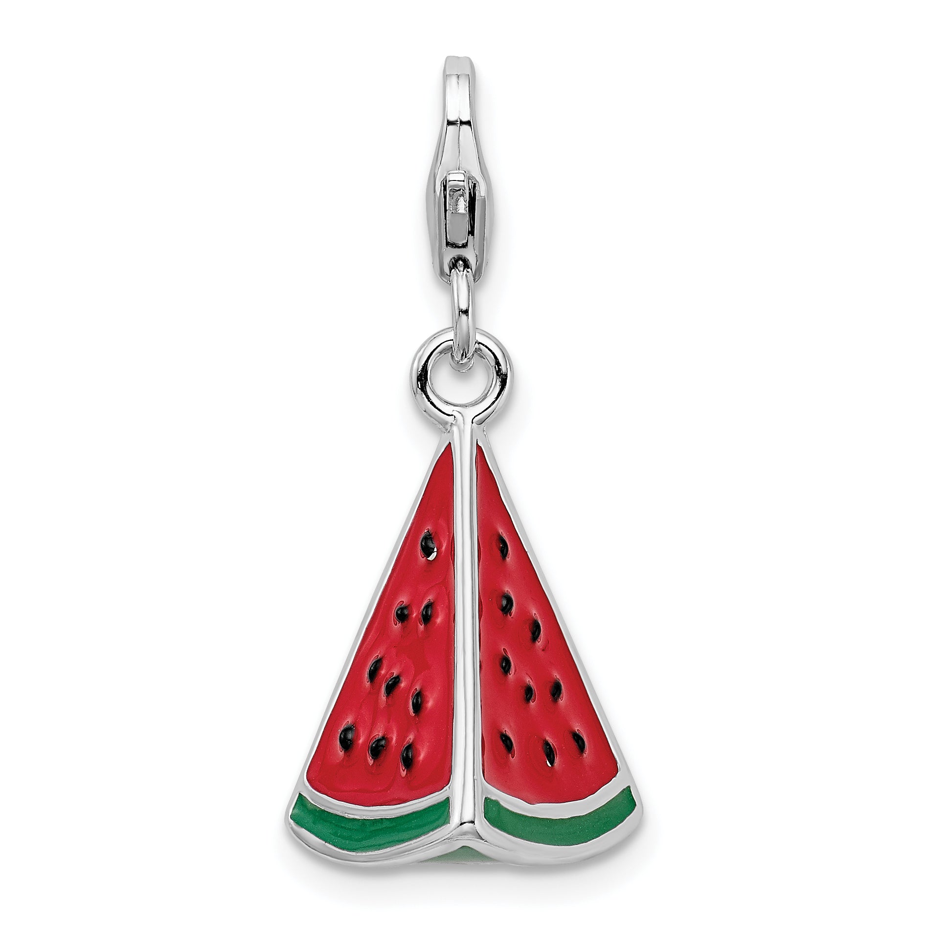 Sterling Silver Amore La Vita Rhodium-Plated Polished 3-D Enameled Watermelon Wedge Charm With Fancy Lobster Clasp