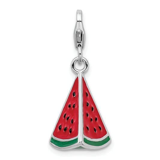 Sterling Silver Amore La Vita Rhodium-Plated Polished 3-D Enameled Watermelon Wedge Charm With Fancy Lobster Clasp