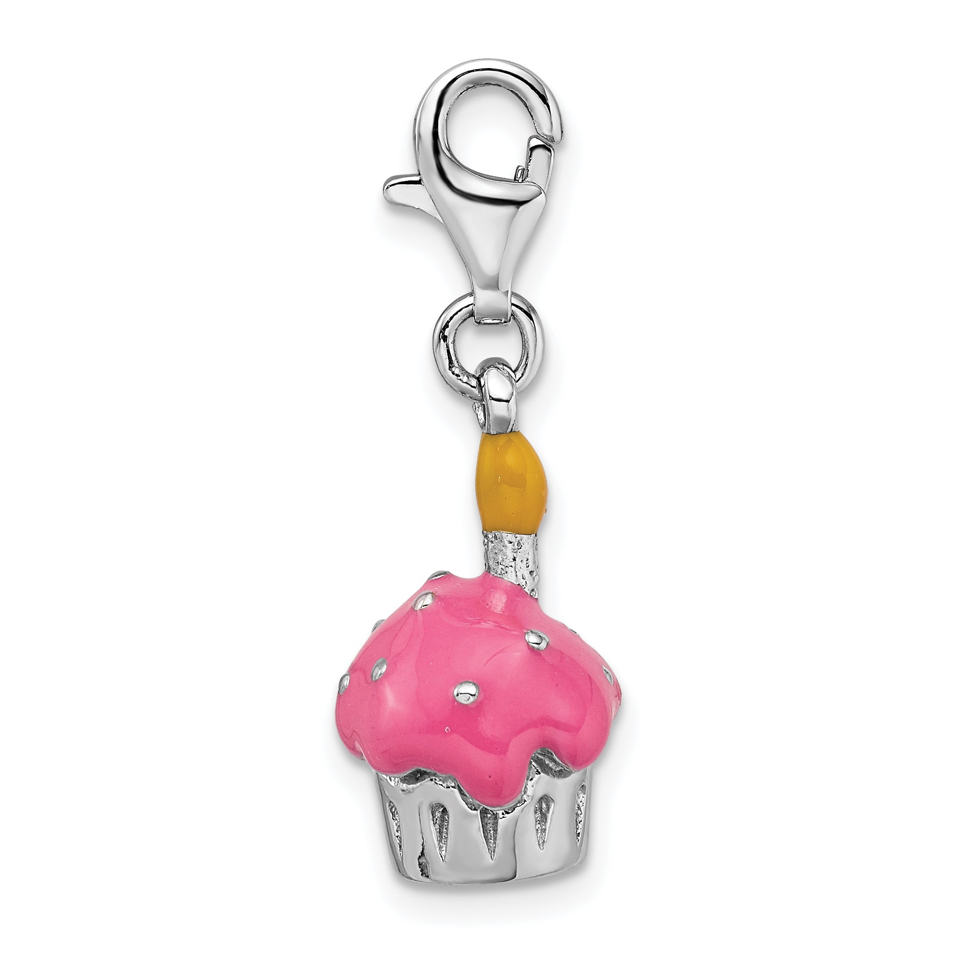 Sterling Silver Amore La Vita Rhodium-Plated Polished 3-D Enameled Cupcake And Candle Charm With Fancy Lobster Clasp