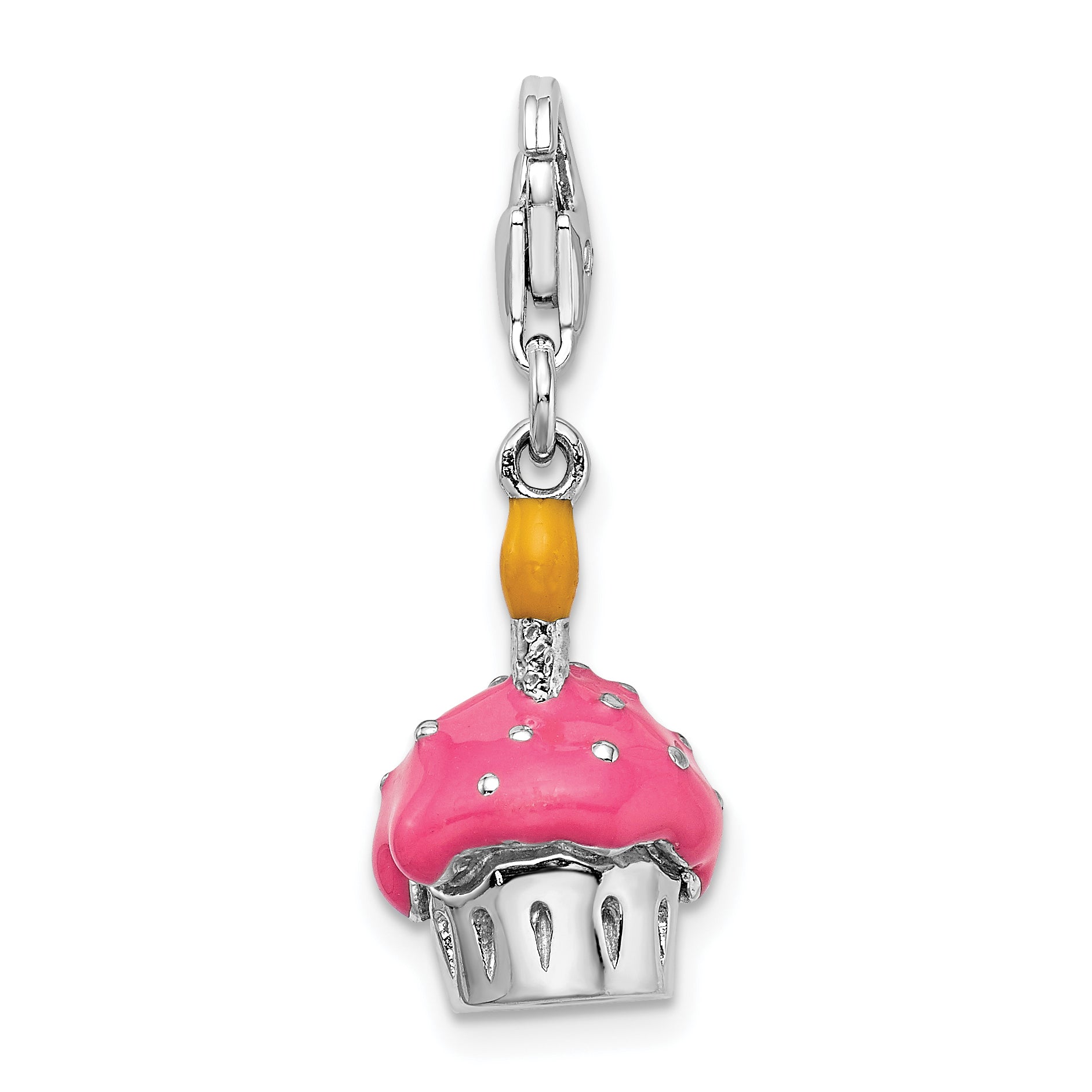 Sterling Silver Amore La Vita Rhodium-Plated Polished 3-D Enameled Cupcake And Candle Charm With Fancy Lobster Clasp