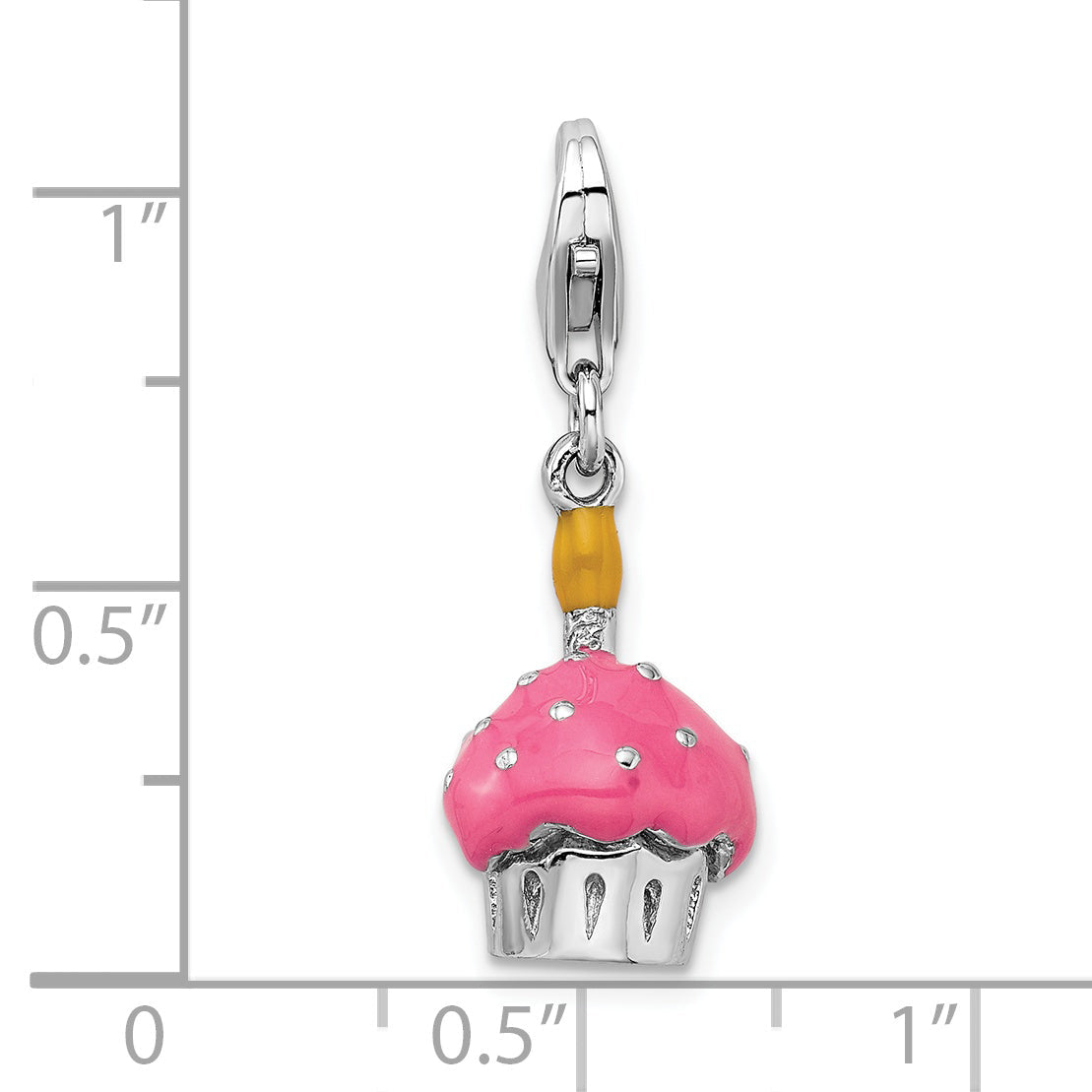 Sterling Silver Amore La Vita Rhodium-Plated Polished 3-D Enameled Cupcake And Candle Charm With Fancy Lobster Clasp