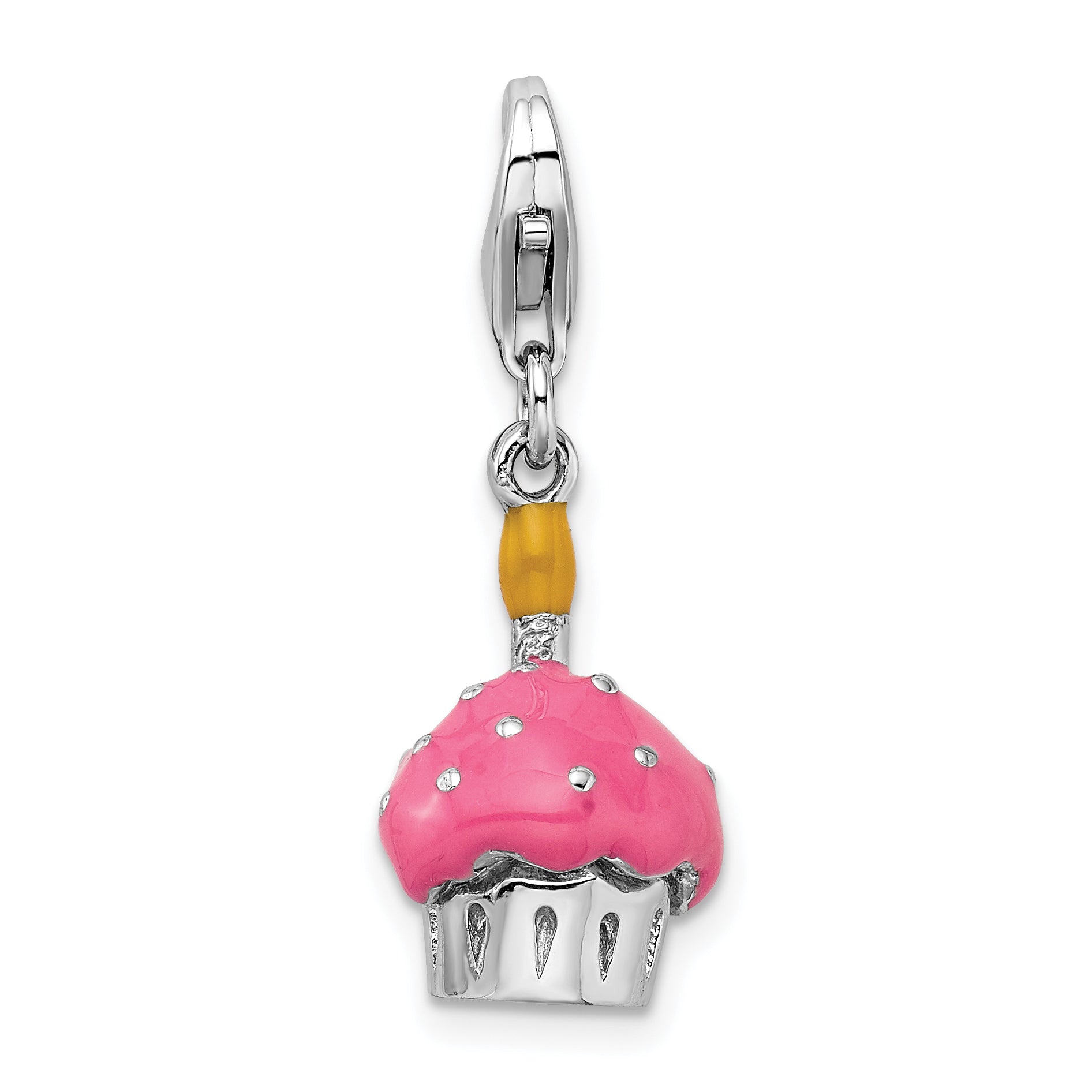 Sterling Silver Amore La Vita Rhodium-Plated Polished 3-D Enameled Cupcake And Candle Charm With Fancy Lobster Clasp