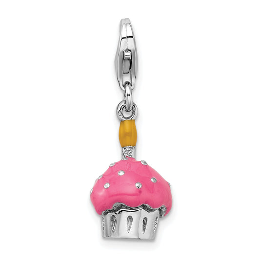 Sterling Silver Amore La Vita Rhodium-Plated Polished 3-D Enameled Cupcake And Candle Charm With Fancy Lobster Clasp