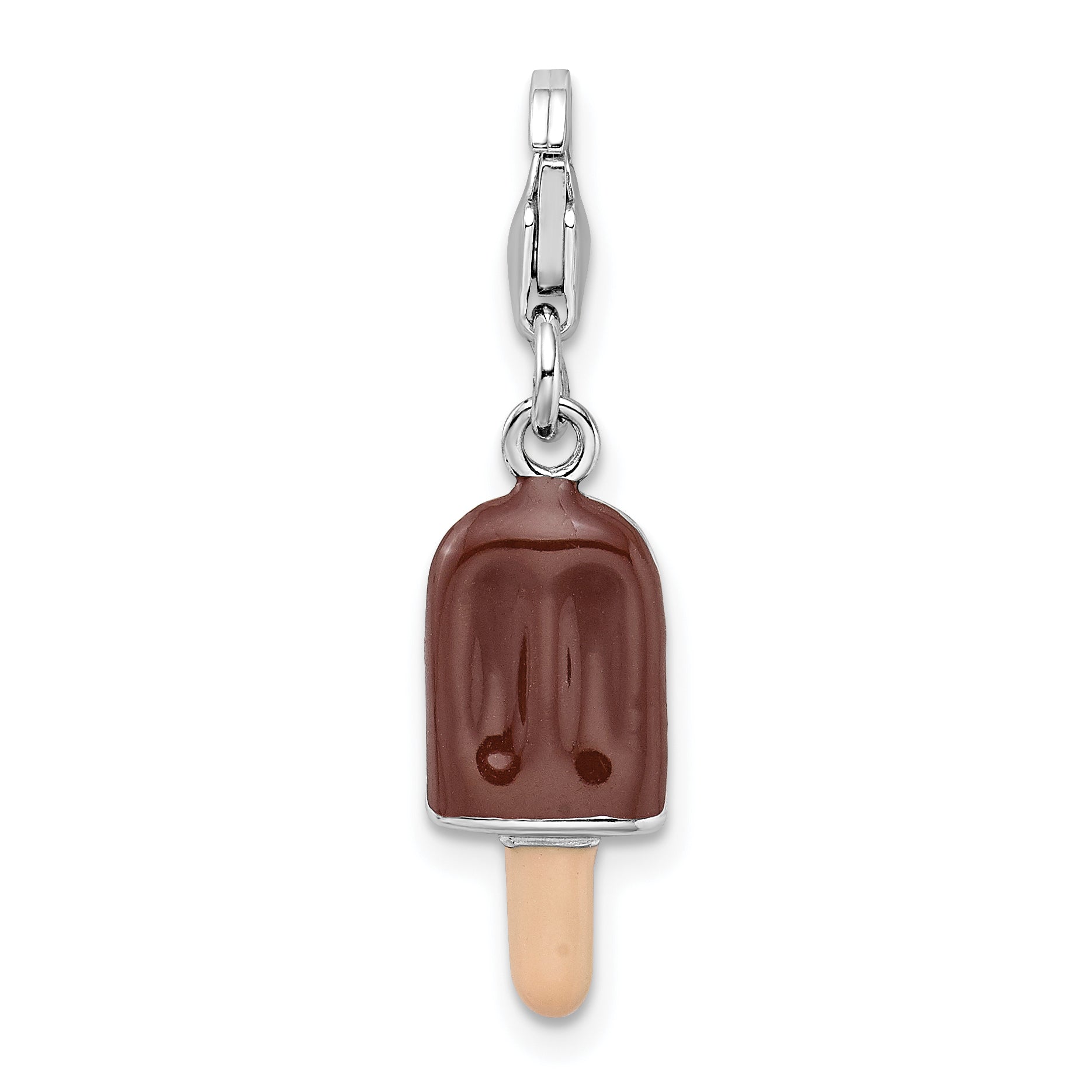 Sterling Silver Amore La Vita Rhodium-Plated Polished 3-D Enameled Fudge Bar Charm With Fancy Lobster Clasp