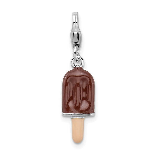 Sterling Silver Amore La Vita Rhodium-Plated Polished 3-D Enameled Fudge Bar Charm With Fancy Lobster Clasp