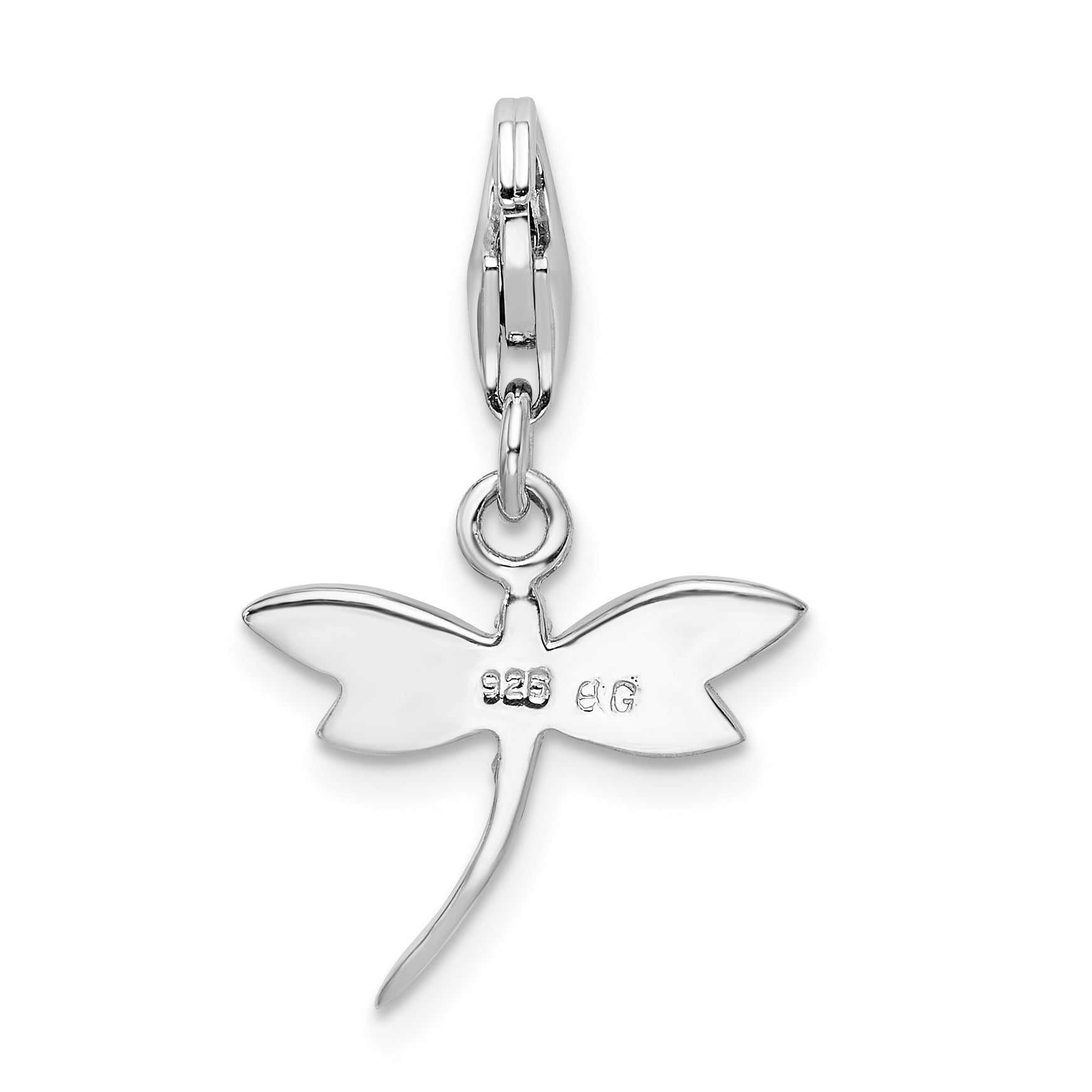 Sterling Silver Amore La Vita Rhodium-Plated Polished Lilac Enameled Cz Dragonfly Charm With Fancy Lobster Clasp