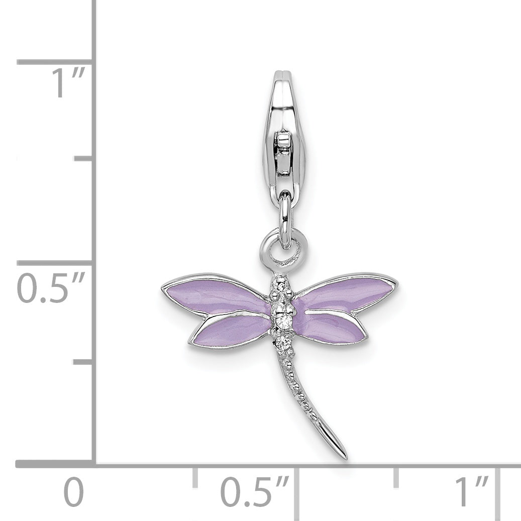 Sterling Silver Amore La Vita Rhodium-Plated Polished Lilac Enameled Cz Dragonfly Charm With Fancy Lobster Clasp