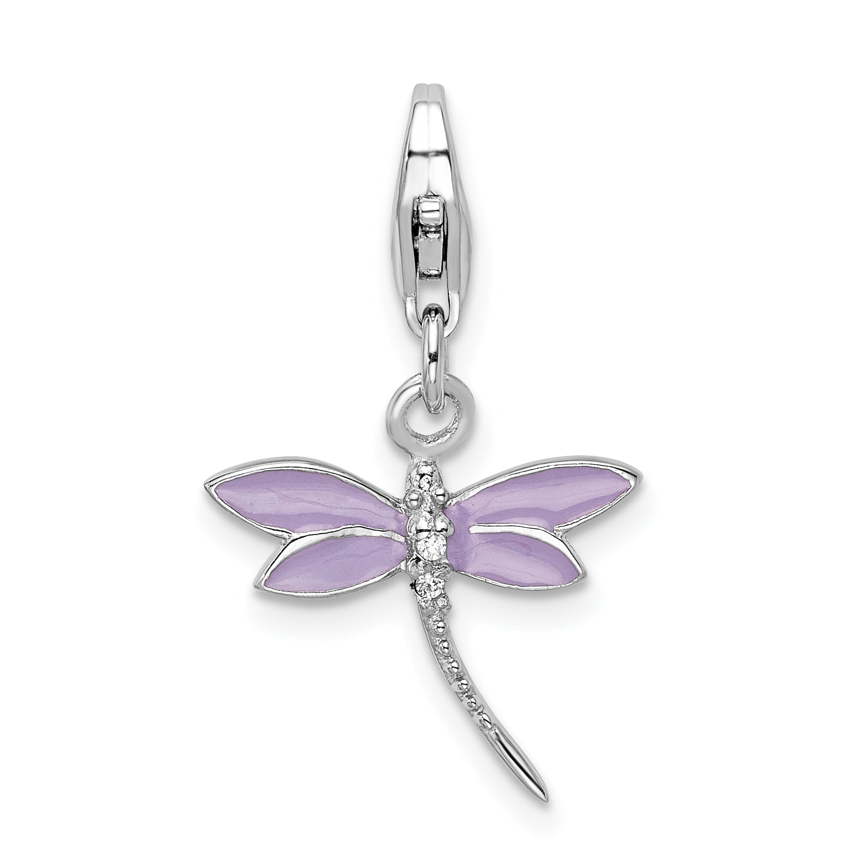 Sterling Silver Amore La Vita Rhodium-Plated Polished Lilac Enameled Cz Dragonfly Charm With Fancy Lobster Clasp