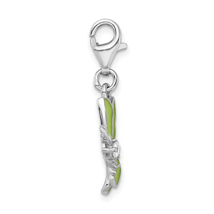 Sterling Silver Amore La Vita Rhodium-Plated Polished Cz Green Enameled Butterfly Charm With Fancy Lobster Clasp