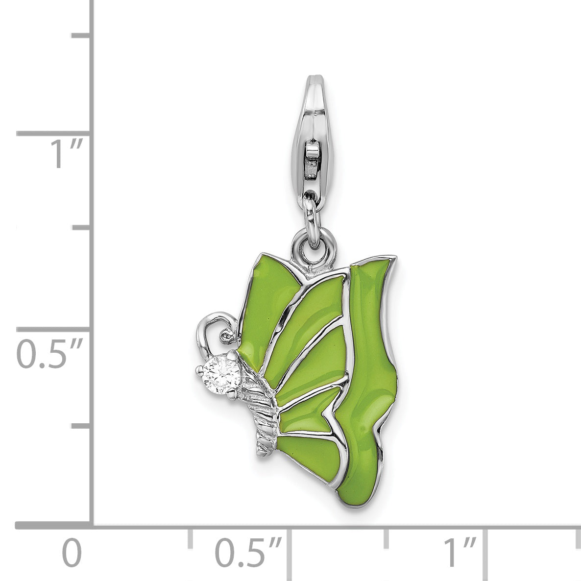 Sterling Silver Amore La Vita Rhodium-Plated Polished Cz Green Enameled Butterfly Charm With Fancy Lobster Clasp