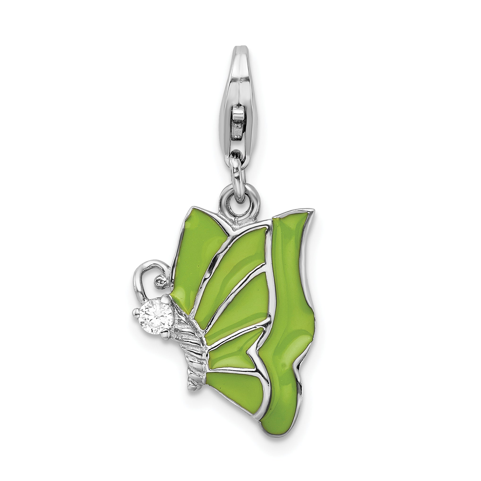 Sterling Silver Amore La Vita Rhodium-Plated Polished Cz Green Enameled Butterfly Charm With Fancy Lobster Clasp