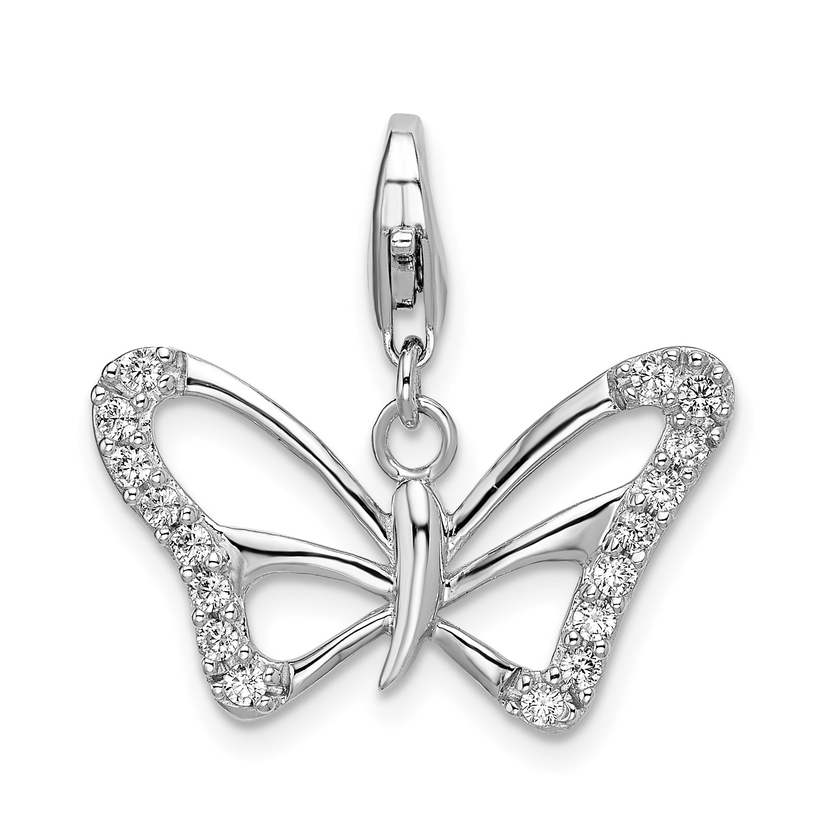 Sterling Silver Amore La Vita Rhodium-Plated Polished Cz Butterfly Charm With Fancy Lobster Clasp