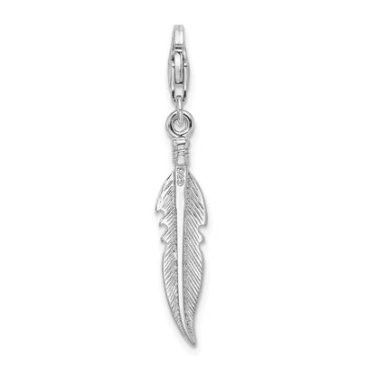 Sterling Silver Amore La Vita Rhodium-Plated Polished 3-D Feather Charm With Fancy Lobster Clasp