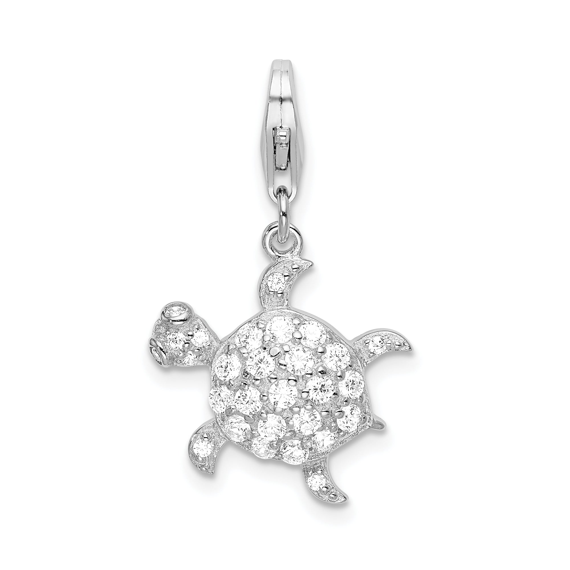 Sterling Silver Amore La Vita Rhodium-Plated Polished Cz Sea Turtle Charm With Fancy Lobster Clasp