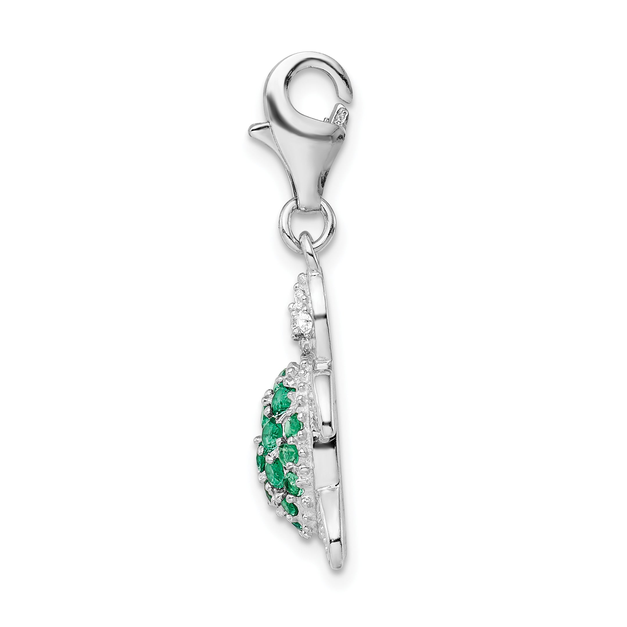 Sterling Silver Amore La Vita Rhodium-Plated Polished Green And Clear Cz Turtle Charm With Fancy Lobster Clasp