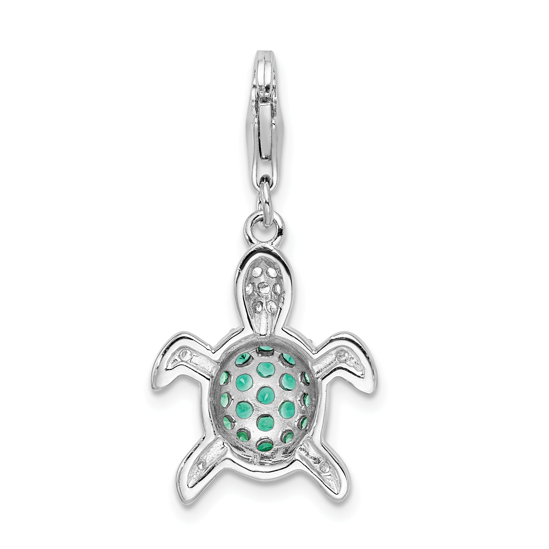 Sterling Silver Amore La Vita Rhodium-Plated Polished Green And Clear Cz Turtle Charm With Fancy Lobster Clasp