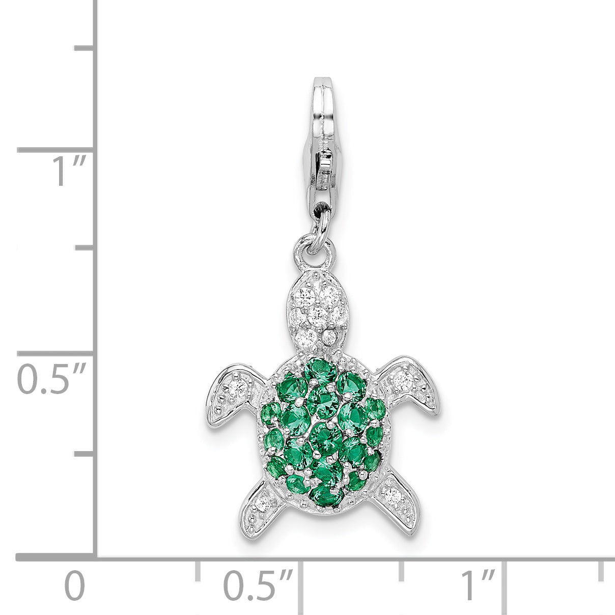 Sterling Silver Amore La Vita Rhodium-Plated Polished Green And Clear Cz Turtle Charm With Fancy Lobster Clasp