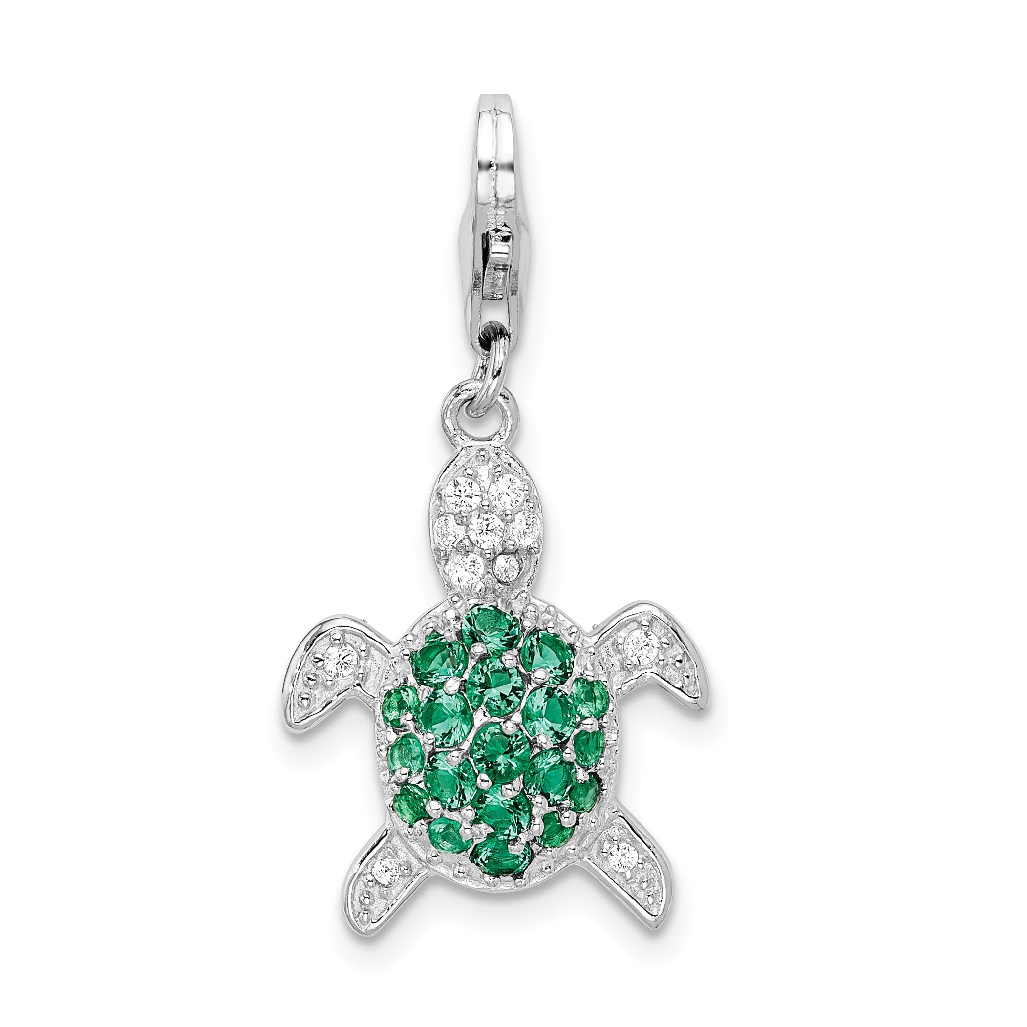 Sterling Silver Amore La Vita Rhodium-Plated Polished Green And Clear Cz Turtle Charm With Fancy Lobster Clasp