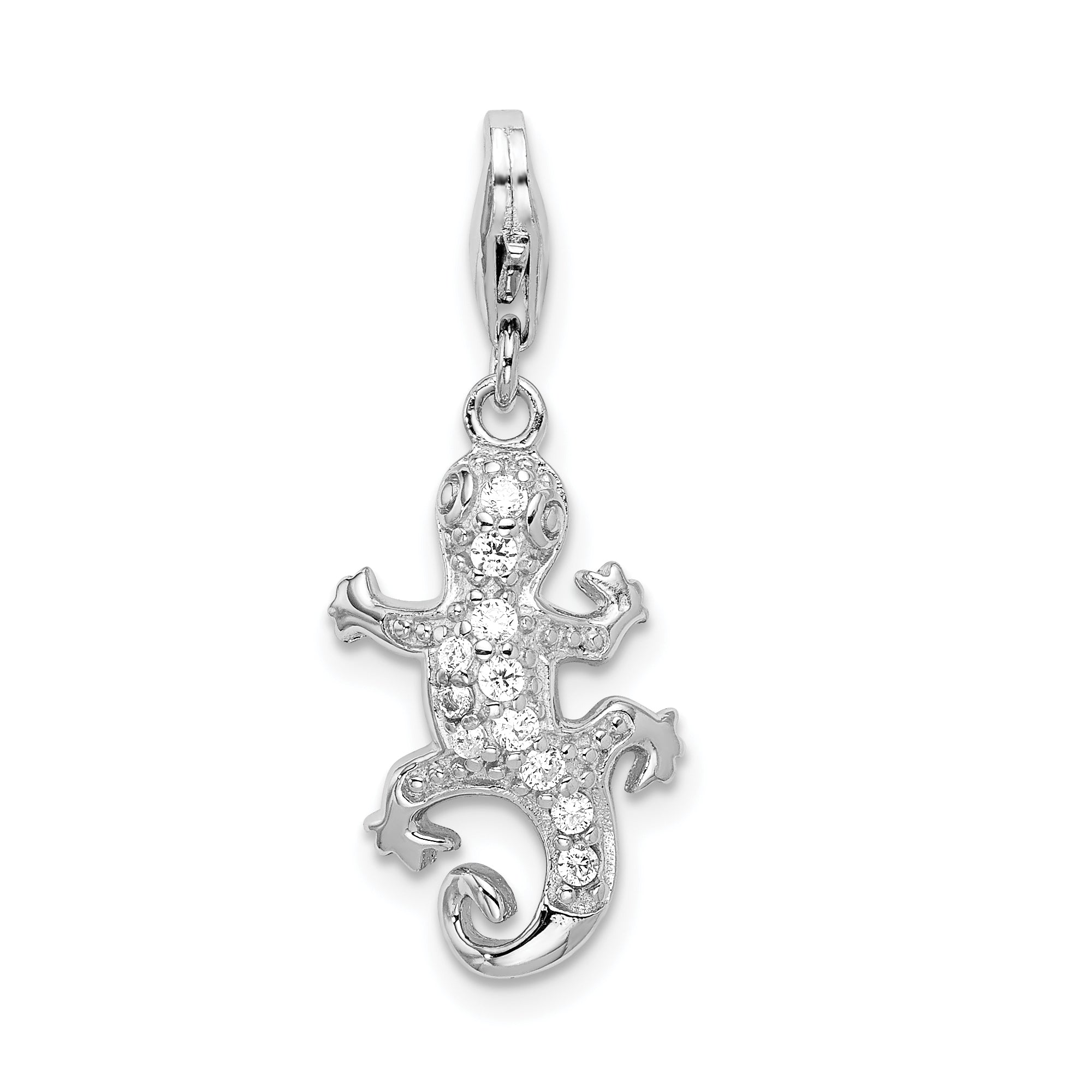 Sterling Silver Amore La Vita Rhodium-Plated Polished Cz Lizard Charm With Fancy Lobster Clasp