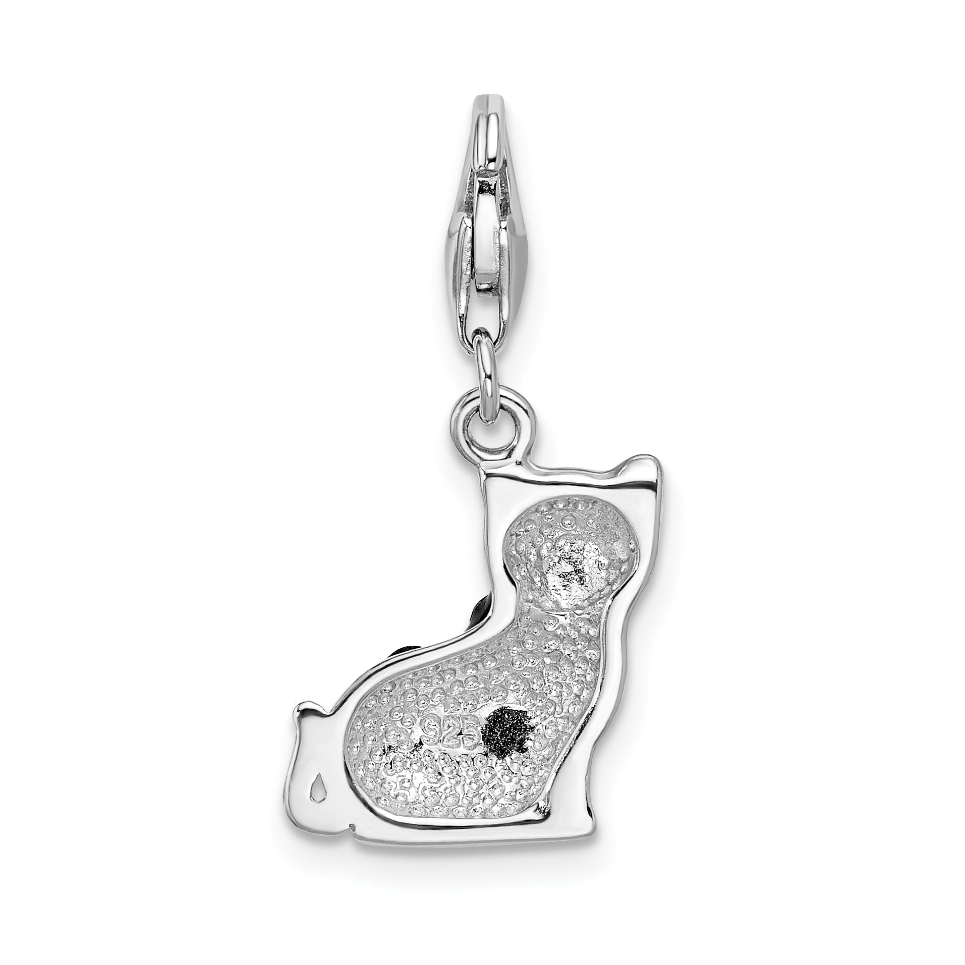 Sterling Silver Amore La Vita Rhodium-Plated Polished Enameled Swarovski Crystal Black Cat Charm With Fancy Lobster Clasp