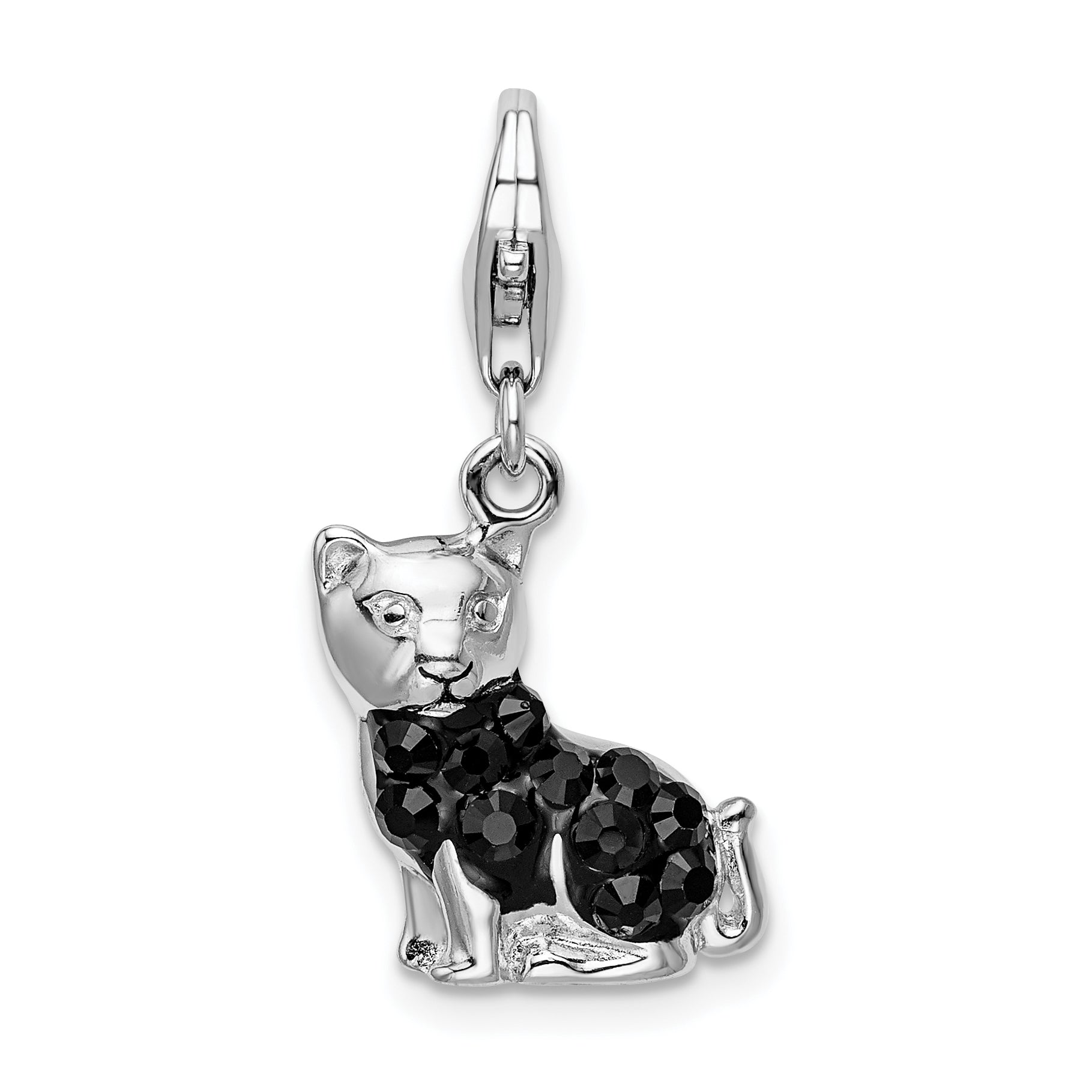 Sterling Silver Amore La Vita Rhodium-Plated Polished Enameled Swarovski Crystal Black Cat Charm With Fancy Lobster Clasp