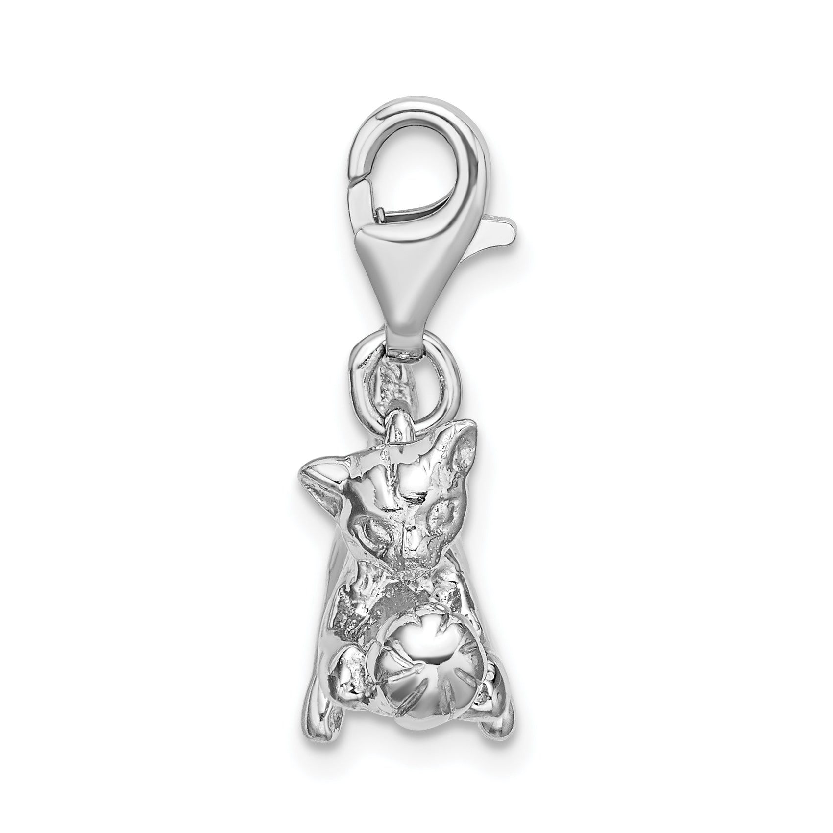 Sterling Silver Amore La Vita Rhodium-Plated Polished 3-D Kitten And Ball Charm With Fancy Lobster Clasp