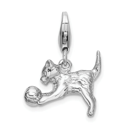 Sterling Silver Amore La Vita Rhodium-Plated Polished 3-D Kitten And Ball Charm With Fancy Lobster Clasp