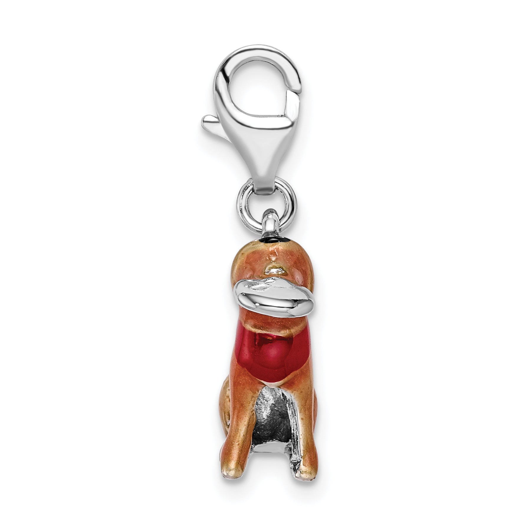 Sterling Silver Amore La Vita Rhodium-Plated Polished 3-D Enameled Light Brown Dog And Frisbee Charm With Fancy Lobster Clasp