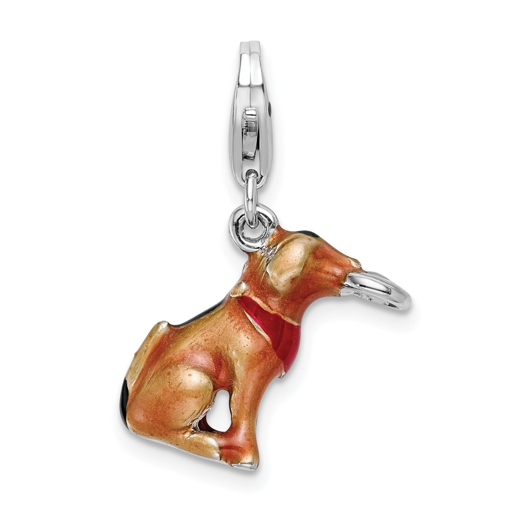 Sterling Silver Amore La Vita Rhodium-Plated Polished 3-D Enameled Light Brown Dog And Frisbee Charm With Fancy Lobster Clasp