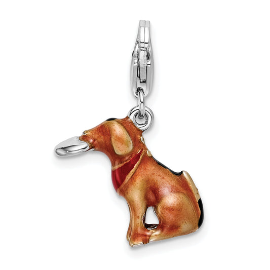 Sterling Silver Amore La Vita Rhodium-Plated Polished 3-D Enameled Light Brown Dog And Frisbee Charm With Fancy Lobster Clasp