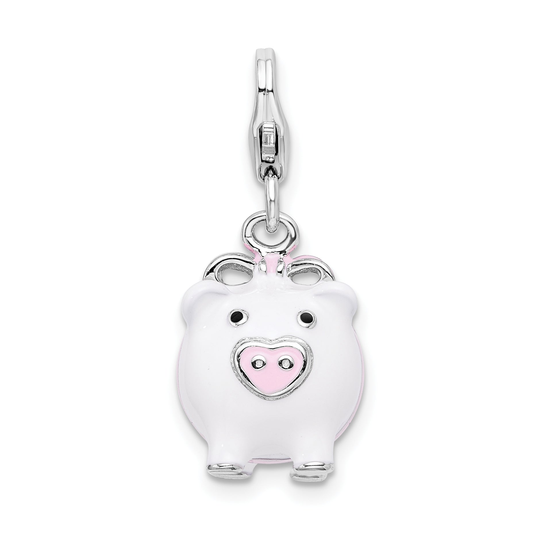 Sterling Silver Amore La Vita Rhodium-Plated Polished 3-D Enameled Pig Charm With Fancy Lobster Clasp