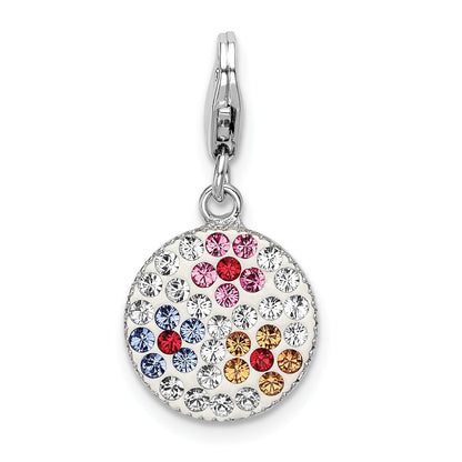 Sterling Silver Amore La Vita Rhodium-Plated Polished Pink Red Blue White Yellow Crystal From Swarovski Floral Pattern Disc Charm With Fancy Lobster Clasp