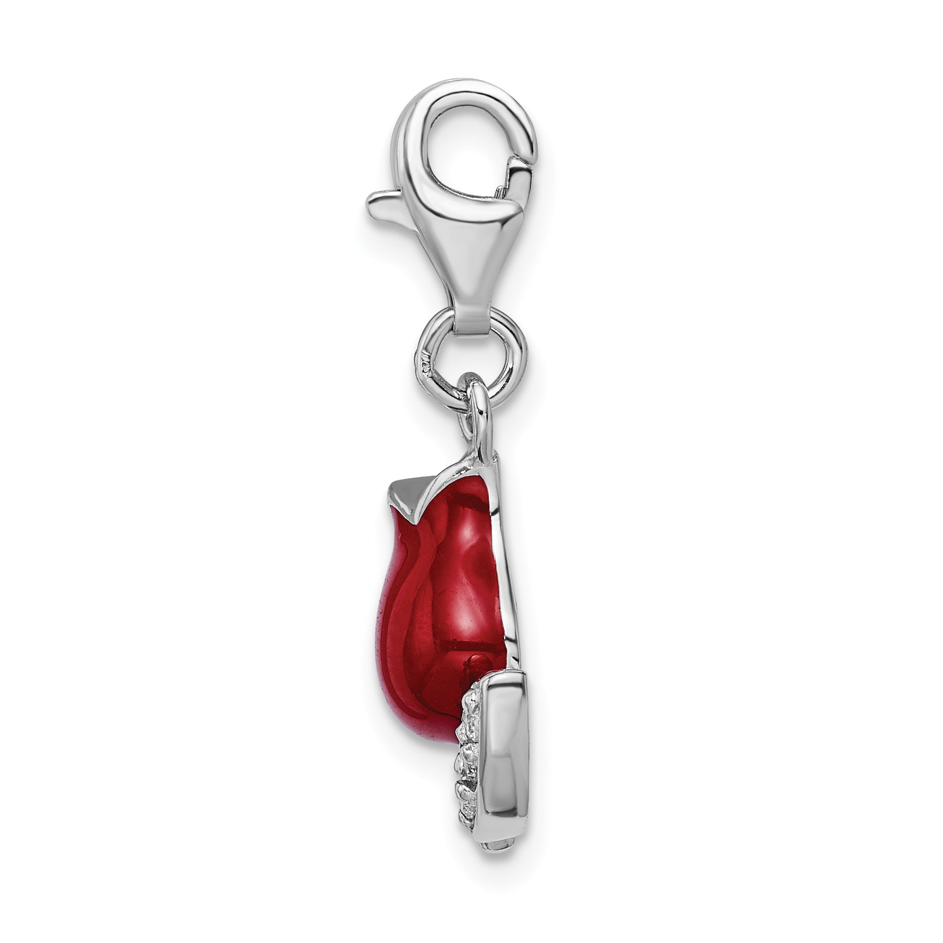 Sterling Silver Amore La Vita Rhodium-Plated Polished Cz Red Enameled Tulip Flower Charm With Fancy Lobster Clasp