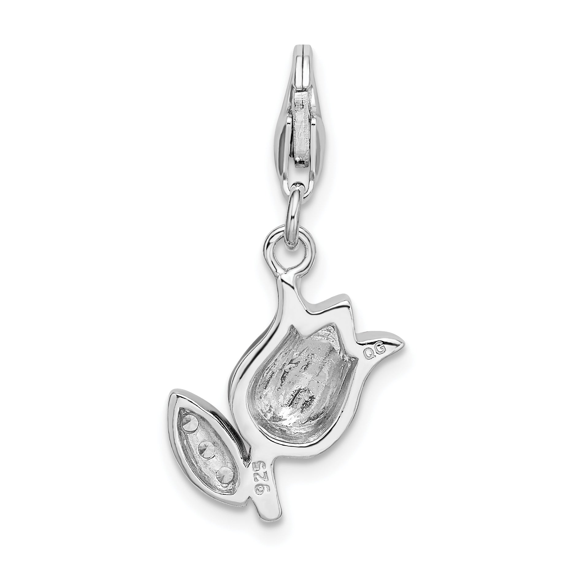 Sterling Silver Amore La Vita Rhodium-Plated Polished Cz Red Enameled Tulip Flower Charm With Fancy Lobster Clasp