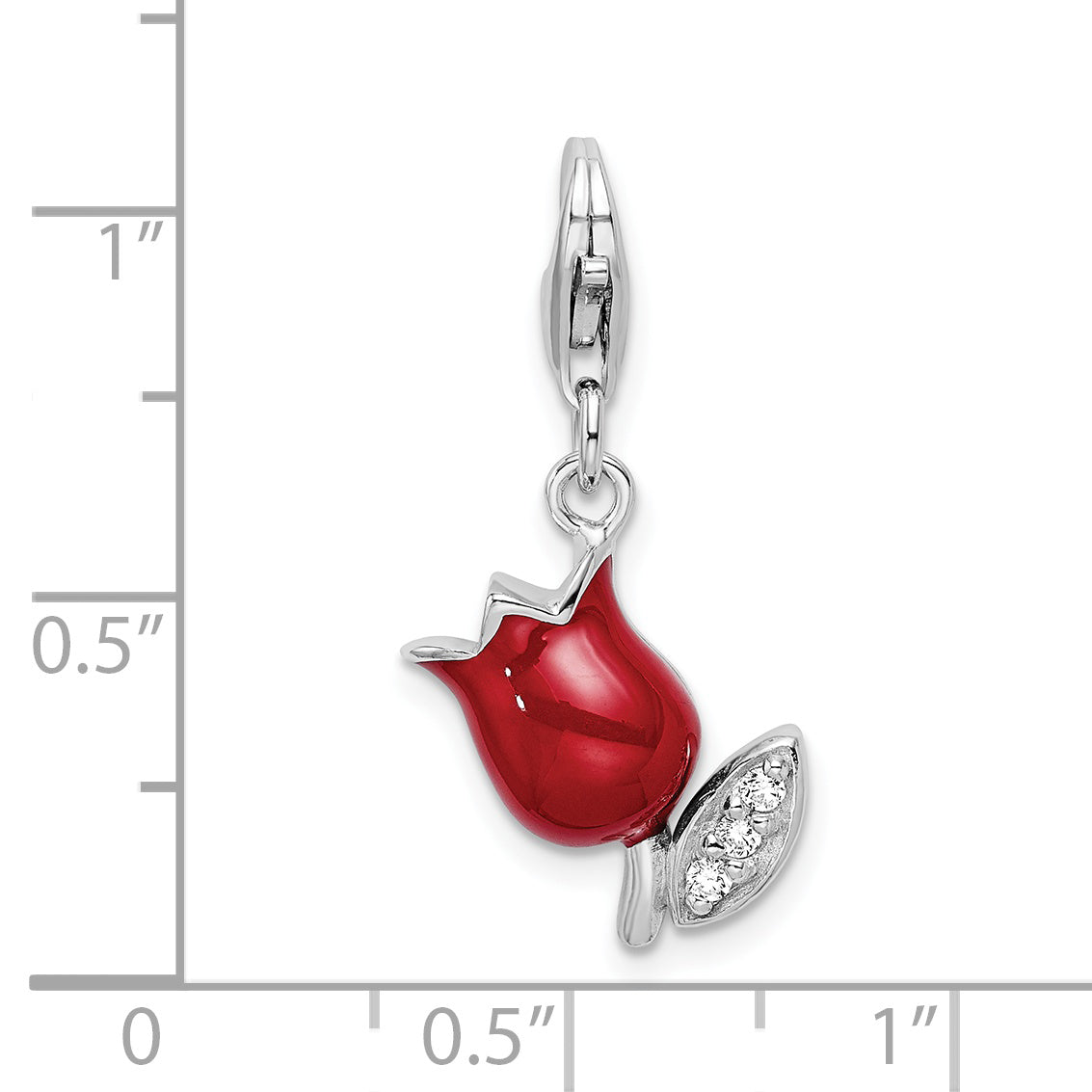 Sterling Silver Amore La Vita Rhodium-Plated Polished Cz Red Enameled Tulip Flower Charm With Fancy Lobster Clasp