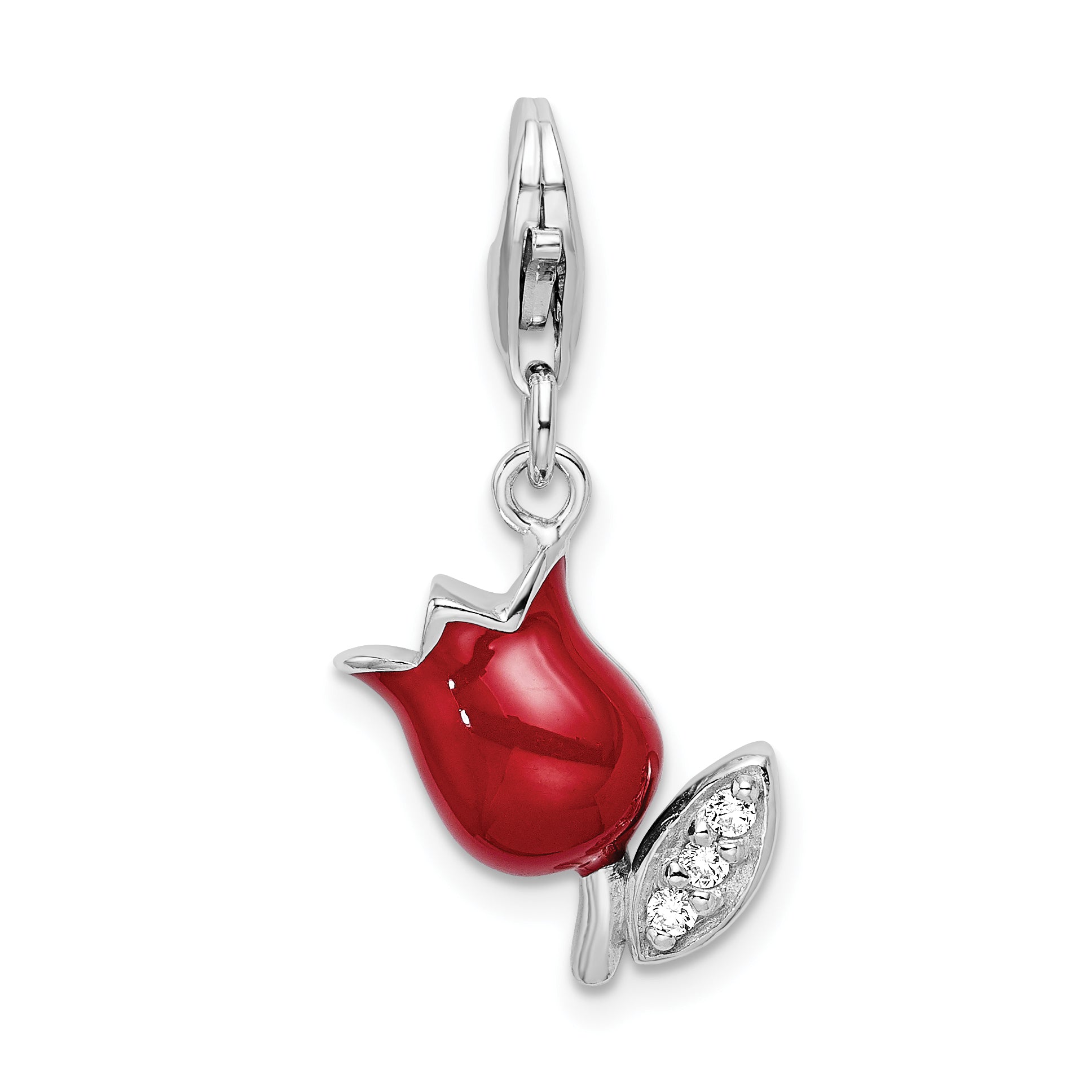 Sterling Silver Amore La Vita Rhodium-Plated Polished Cz Red Enameled Tulip Flower Charm With Fancy Lobster Clasp