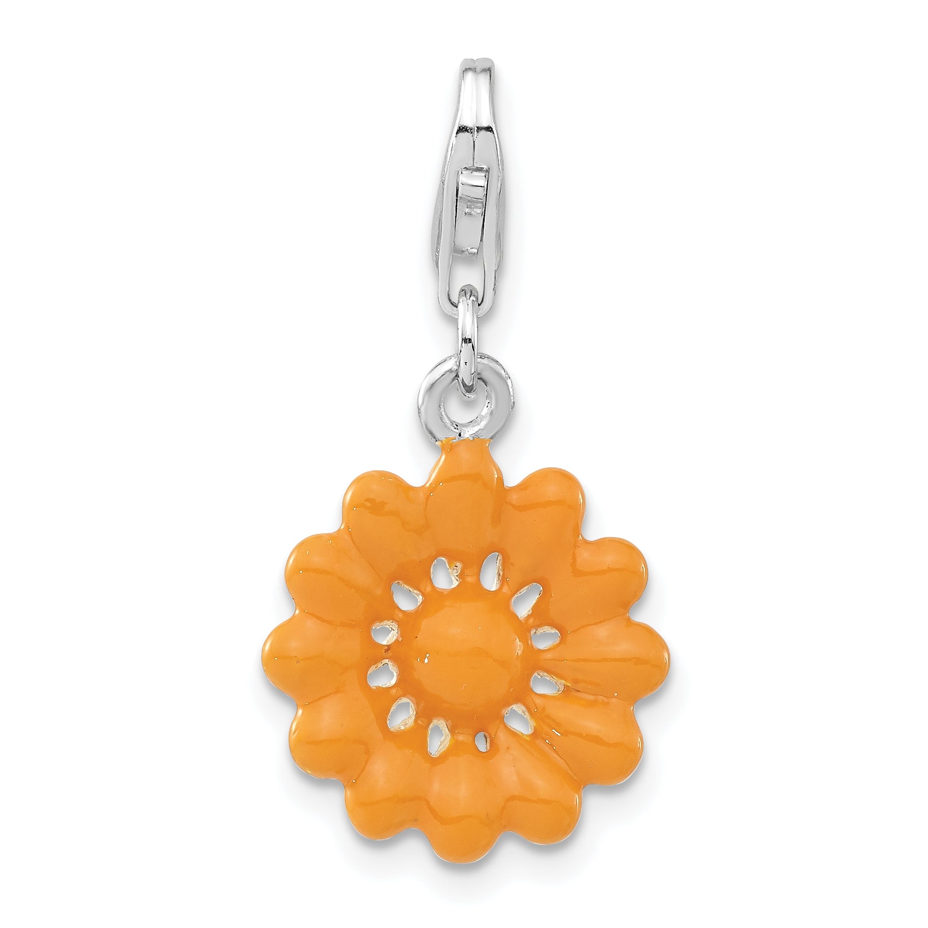 Sterling Silver Polished Yellow Enameled Flower W/Lobster Clasp Charm