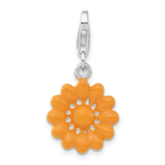 Sterling Silver Polished Yellow Enameled Flower W/Lobster Clasp Charm