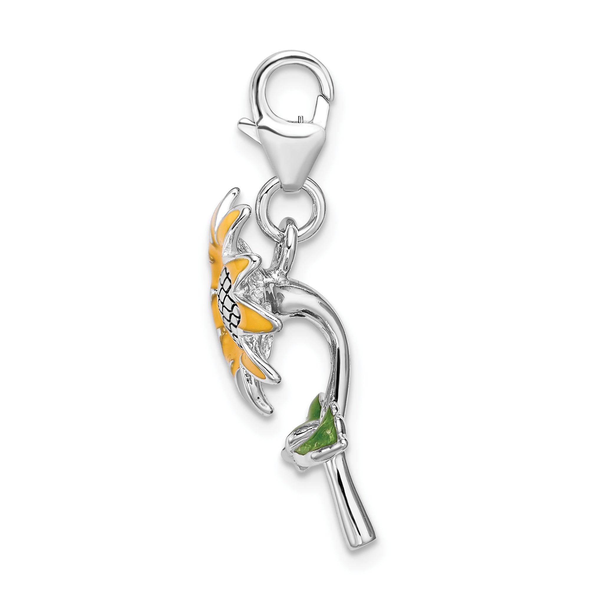 Sterling Silver Amore La Vita Rhodium-Plated Polished 3-D Enameled Sunflower Charm With Fancy Lobster Clasp