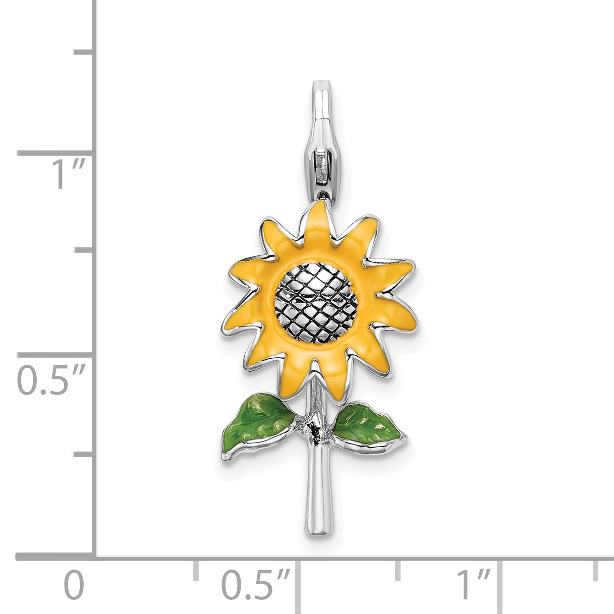 Sterling Silver Amore La Vita Rhodium-Plated Polished 3-D Enameled Sunflower Charm With Fancy Lobster Clasp