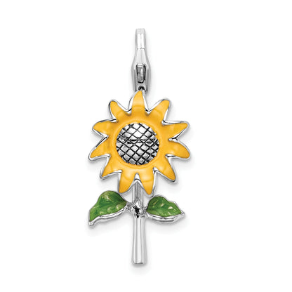 Sterling Silver Amore La Vita Rhodium-Plated Polished 3-D Enameled Sunflower Charm With Fancy Lobster Clasp