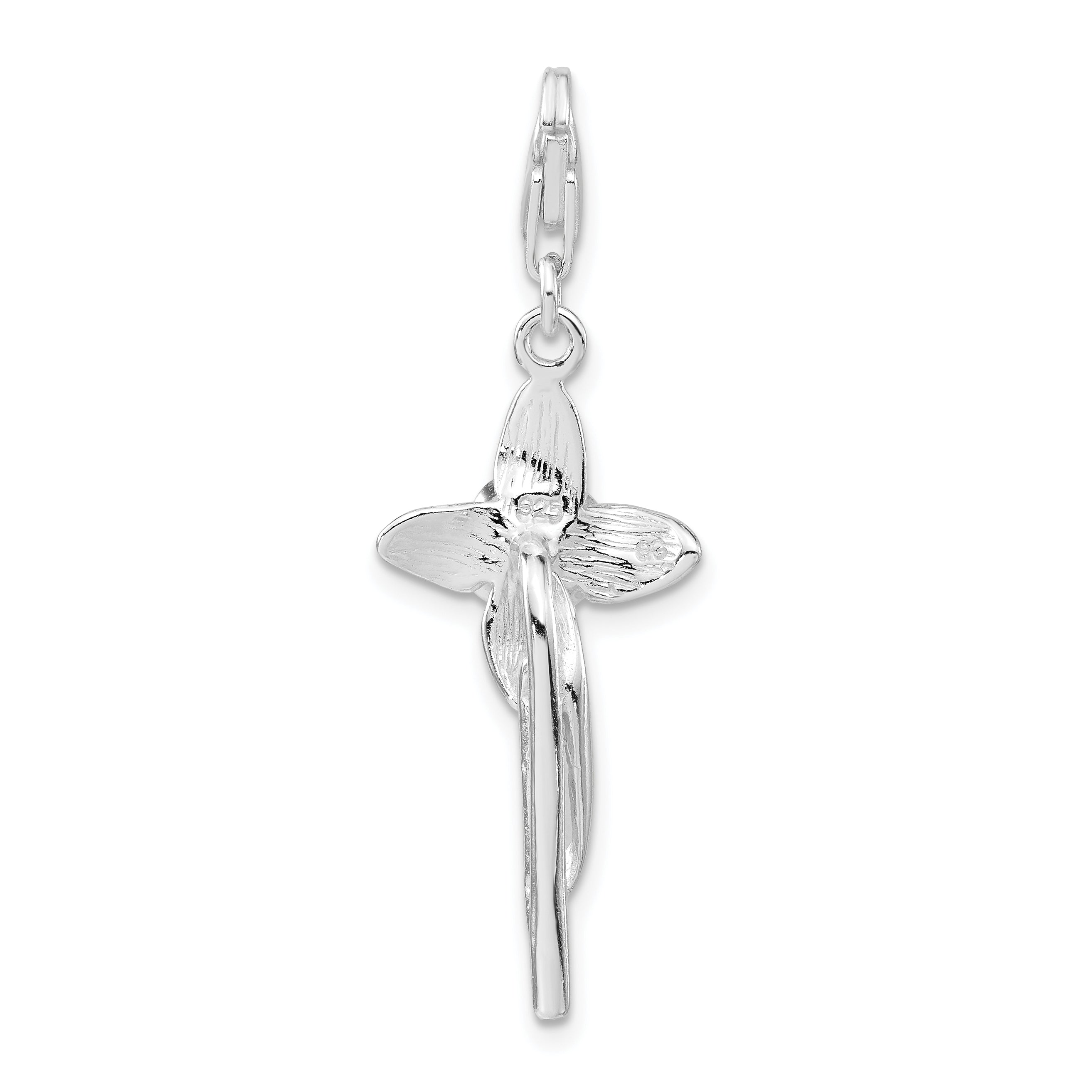 Sterling Silver 3-D Polished Flower Cross W/Lobster Clasp Charm