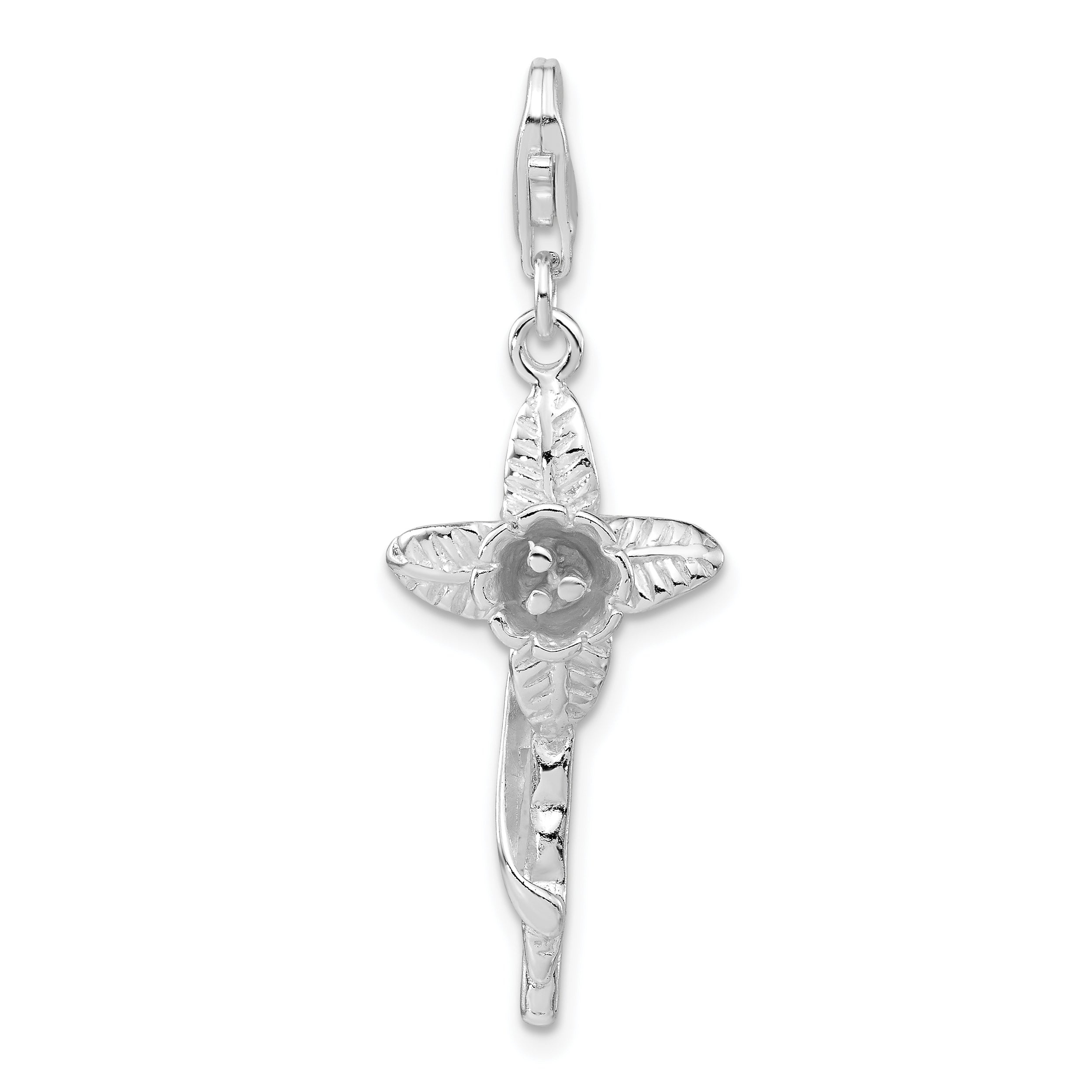 Sterling Silver 3-D Polished Flower Cross W/Lobster Clasp Charm