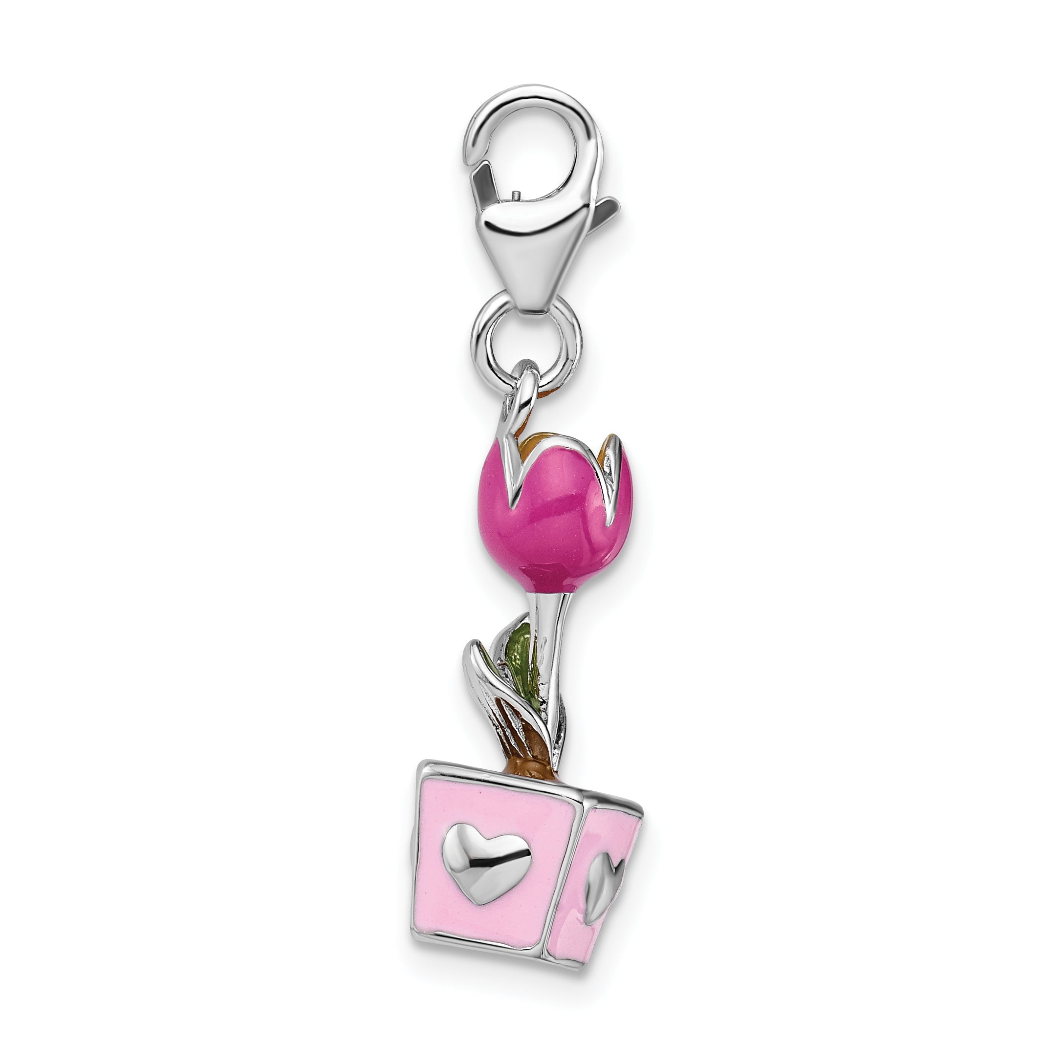 Sterling Silver Amore La Vita Rhodium-Plated Polished 3-D Pink Enameled Potted Tulip Charm With Fancy Lobster Clasp