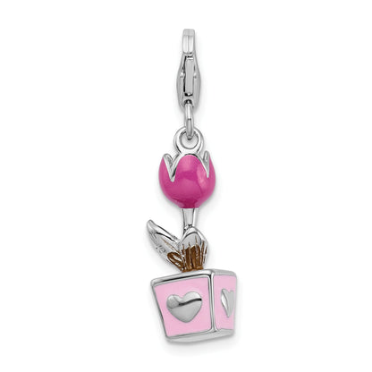 Sterling Silver Amore La Vita Rhodium-Plated Polished 3-D Pink Enameled Potted Tulip Charm With Fancy Lobster Clasp